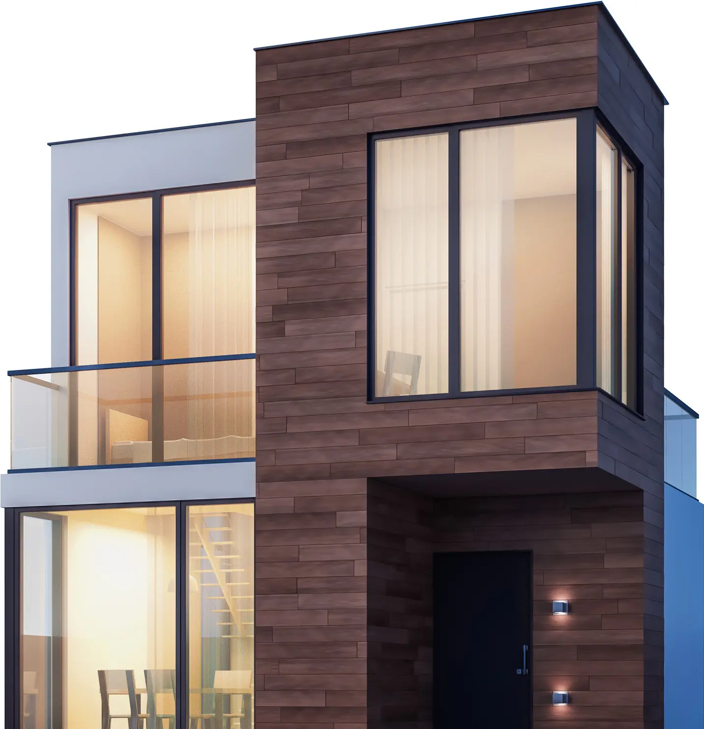 Modern two-story house with large windows.