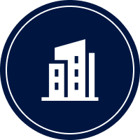 Icon of buildings in navy circle.
