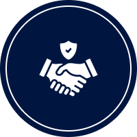 Handshake icon with shield, blue background.