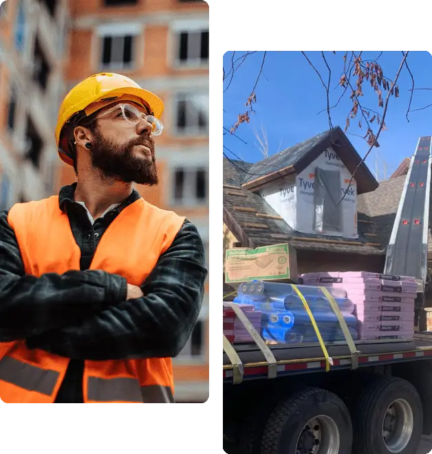 homeherosidekick A man in an orange vest and hard hat standing next to a truck.